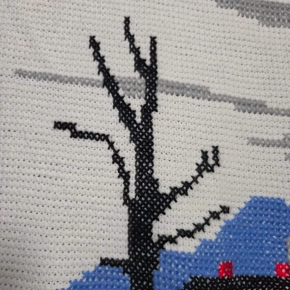 Vtg Handmade Knit Blanket Winter Scene Red Barn Horse Sleigh Throw Afghan 73x46